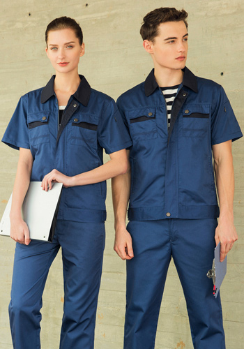 重庆涤棉细斜纹宝蓝色短袖工作服