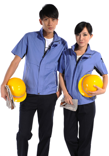 重庆涤棉斜纹天蓝短袖工作服